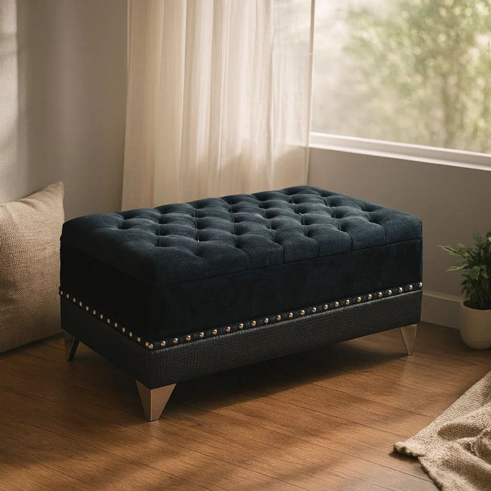 Leatherette Storage Bench with Nailhead Trims and Button Tufted Seat, Black - BM216194