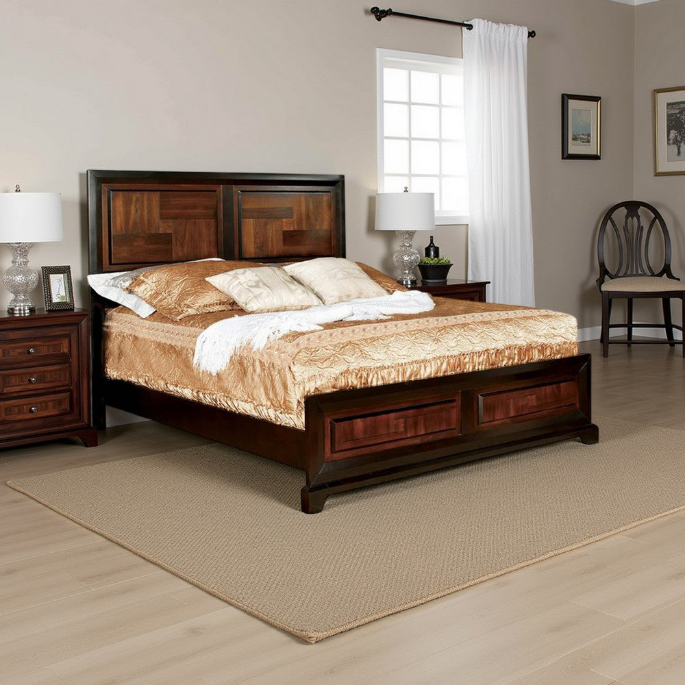 Transitional Style Queen Size Wooden Parquet Design Bed, Brown - BM216253