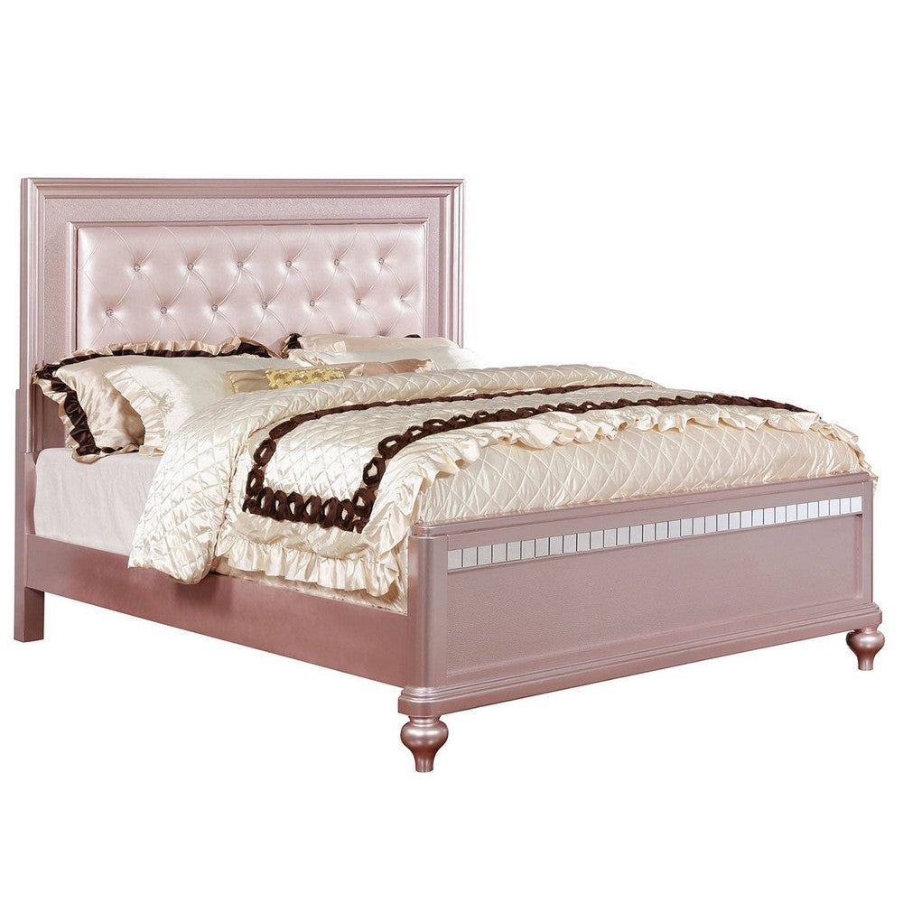 Contemporary Queen Size Wooden Bed With Mirror Trim Details, Pink - BM216257
