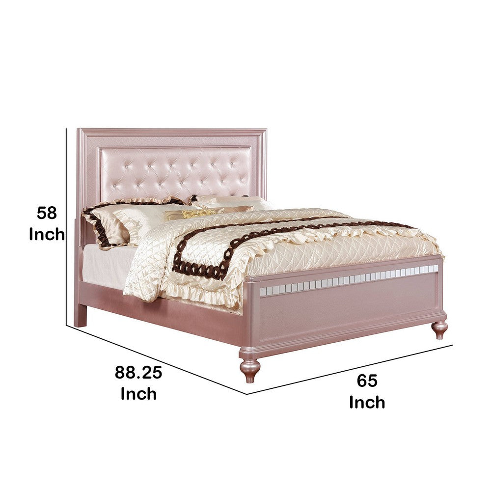 Contemporary Queen Size Wooden Bed With Mirror Trim Details, Pink - BM216257