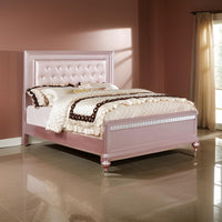 Contemporary Queen Size Wooden Bed With Mirror Trim Details, Pink - BM216257