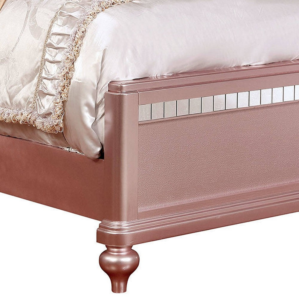 Full Size Wooden Bed With Mirror Trim Details and Camelback Headboard, Pink - BM216259
