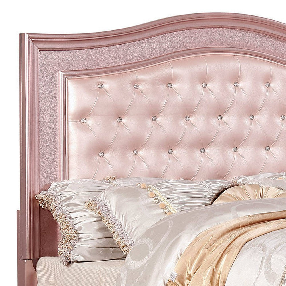 Full Size Wooden Bed With Mirror Trim Details and Camelback Headboard, Pink - BM216259