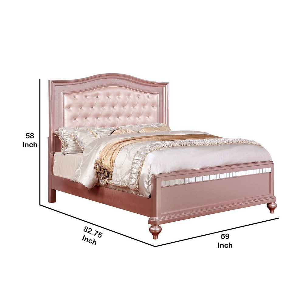 Full Size Wooden Bed With Mirror Trim Details and Camelback Headboard, Pink - BM216259