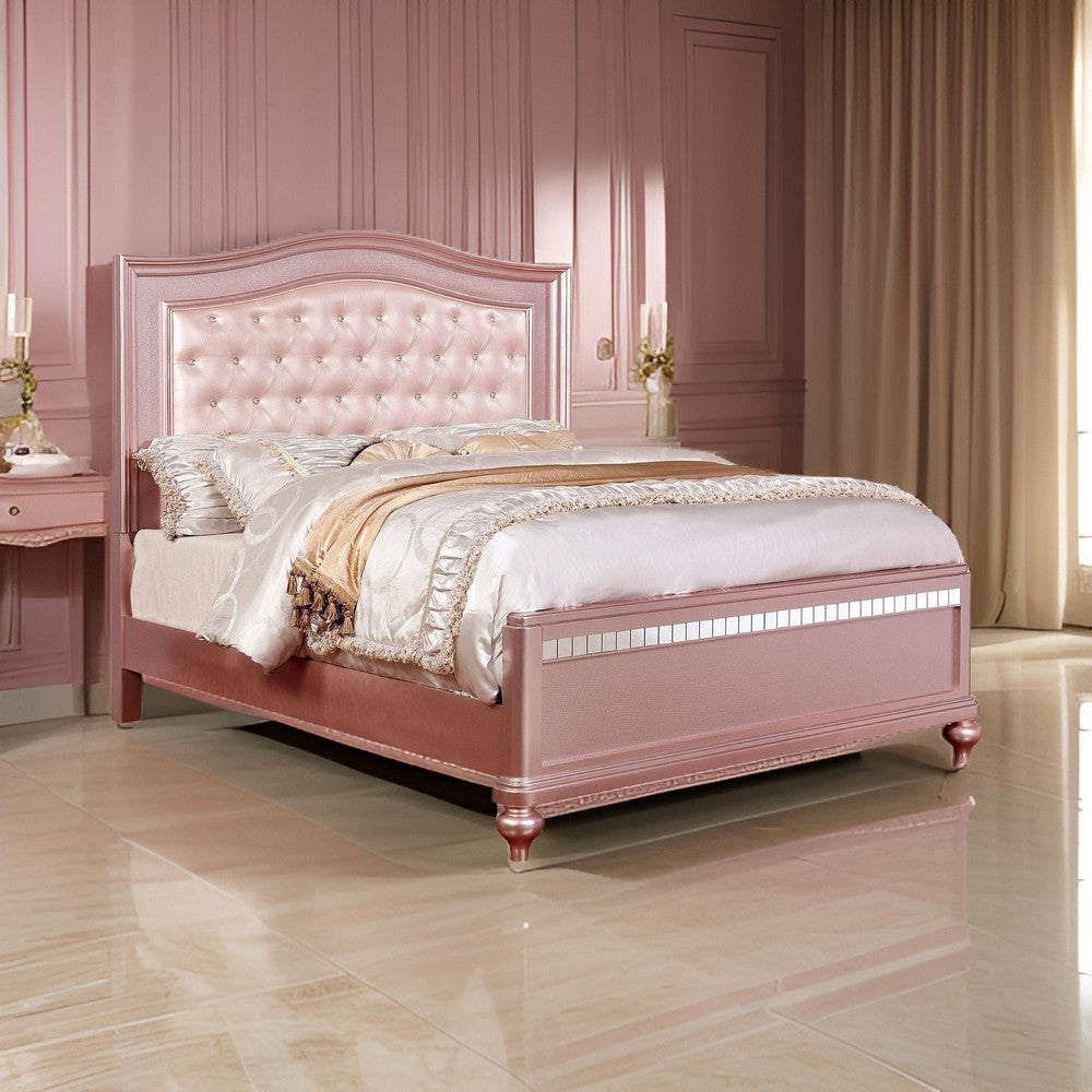 Full Size Wooden Bed With Mirror Trim Details and Camelback Headboard, Pink - BM216259