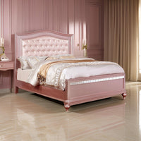 Full Size Wooden Bed With Mirror Trim Details and Camelback Headboard, Pink - BM216259