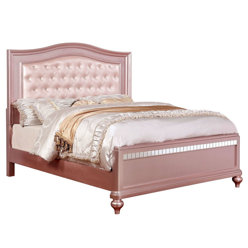 Twin Size Wooden Bed With Mirror Trim Details and Camelback Headboard, Pink - BM216261