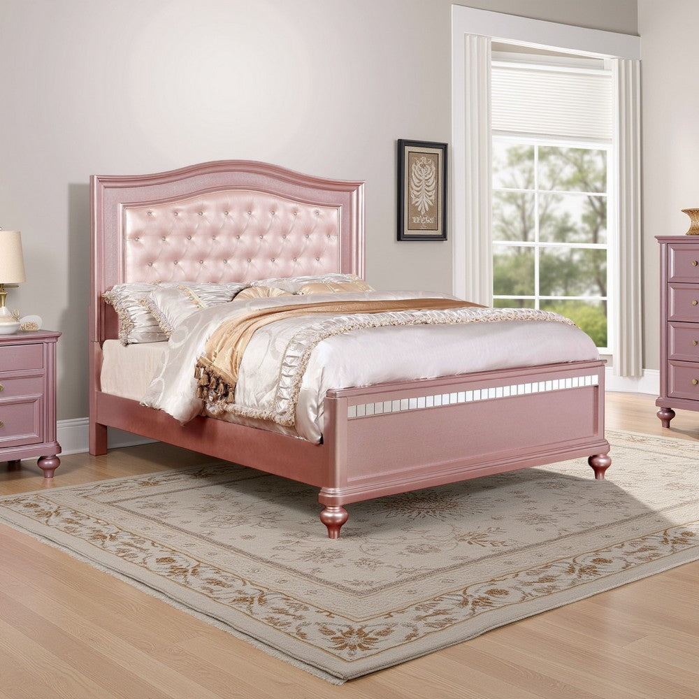 Twin Size Wooden Bed With Mirror Trim Details and Camelback Headboard, Pink - BM216261
