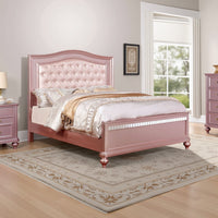 Twin Size Wooden Bed With Mirror Trim Details and Camelback Headboard, Pink - BM216261