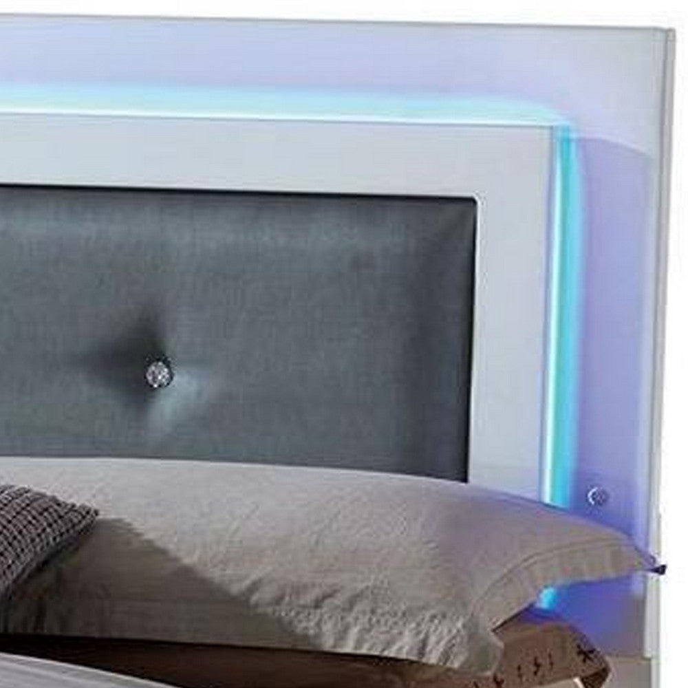 Wooden Eastern King Bed with Leatherette Headboard, White and Black - BM216278