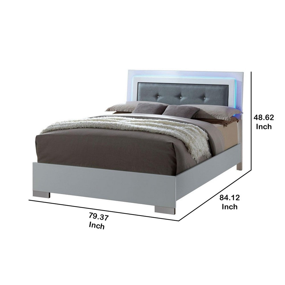 Wooden Eastern King Bed with Leatherette Headboard, White and Black - BM216278