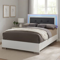 Wooden Eastern King Bed with Leatherette Headboard, White and Black - BM216278