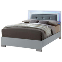 Wooden Queen Bed with Leatherette Headboard and LED trims, White and Black - BM216279