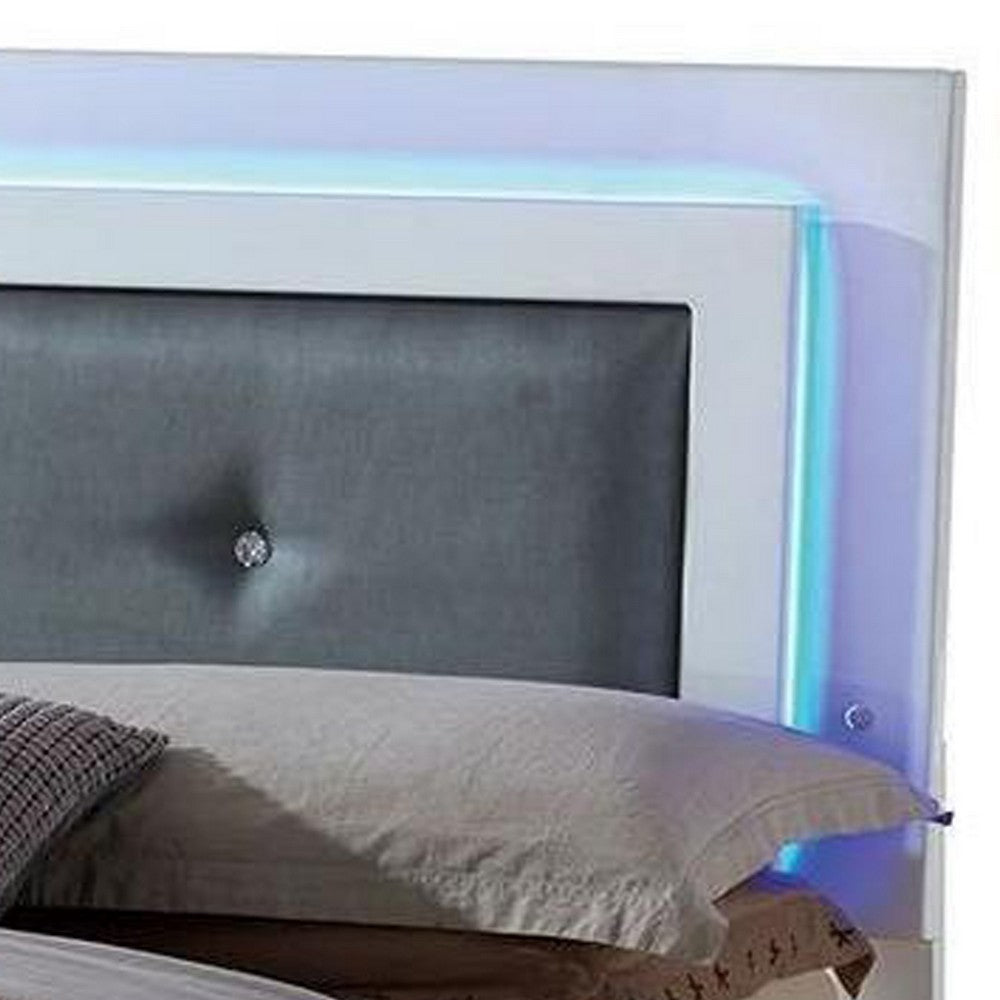 Wooden Queen Bed with Leatherette Headboard and LED trims, White and Black - BM216279