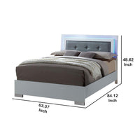 Wooden Queen Bed with Leatherette Headboard and LED trims, White and Black - BM216279