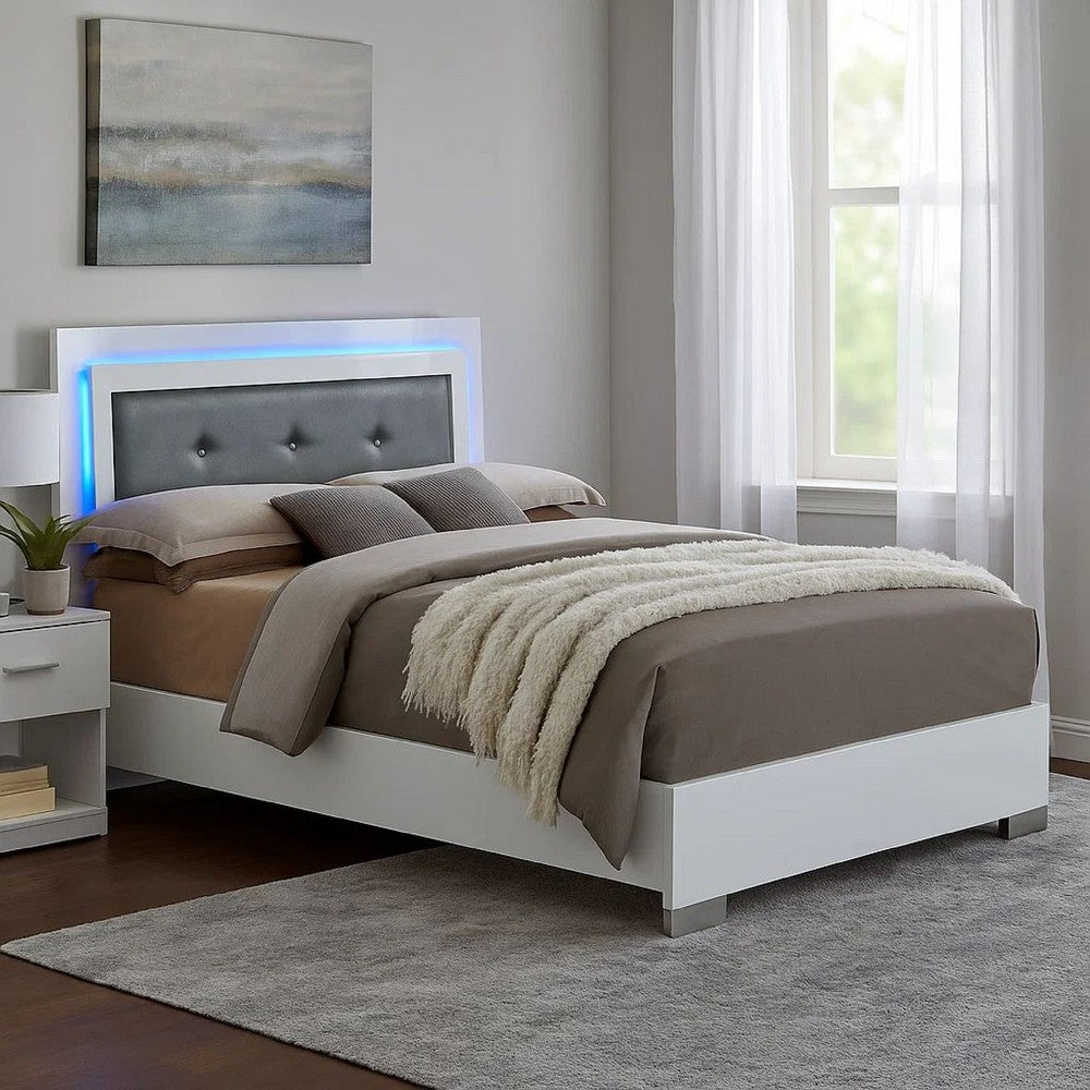 Wooden Queen Bed with Leatherette Headboard and LED trims, White and Black - BM216279