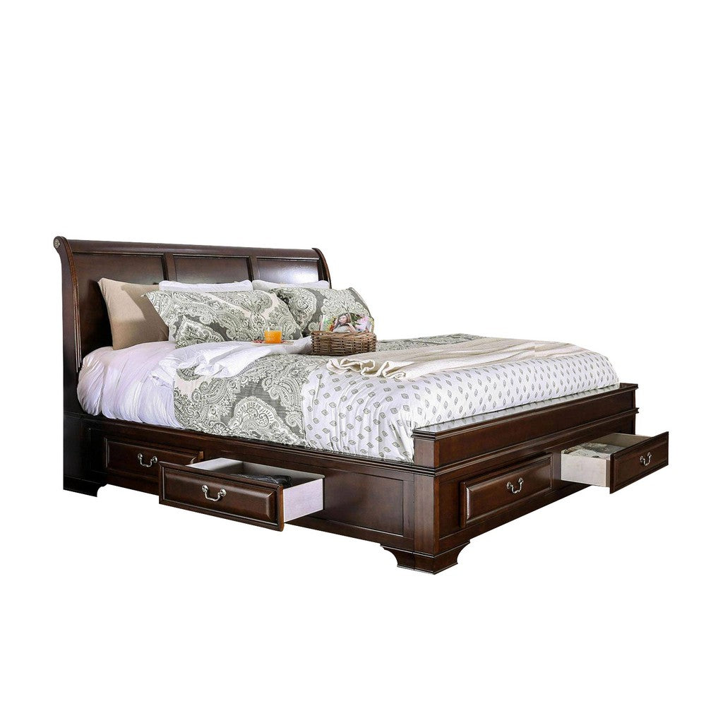 Transitional California King Wooden Bed with Multiple Bottom Drawers, Brown - BM216314