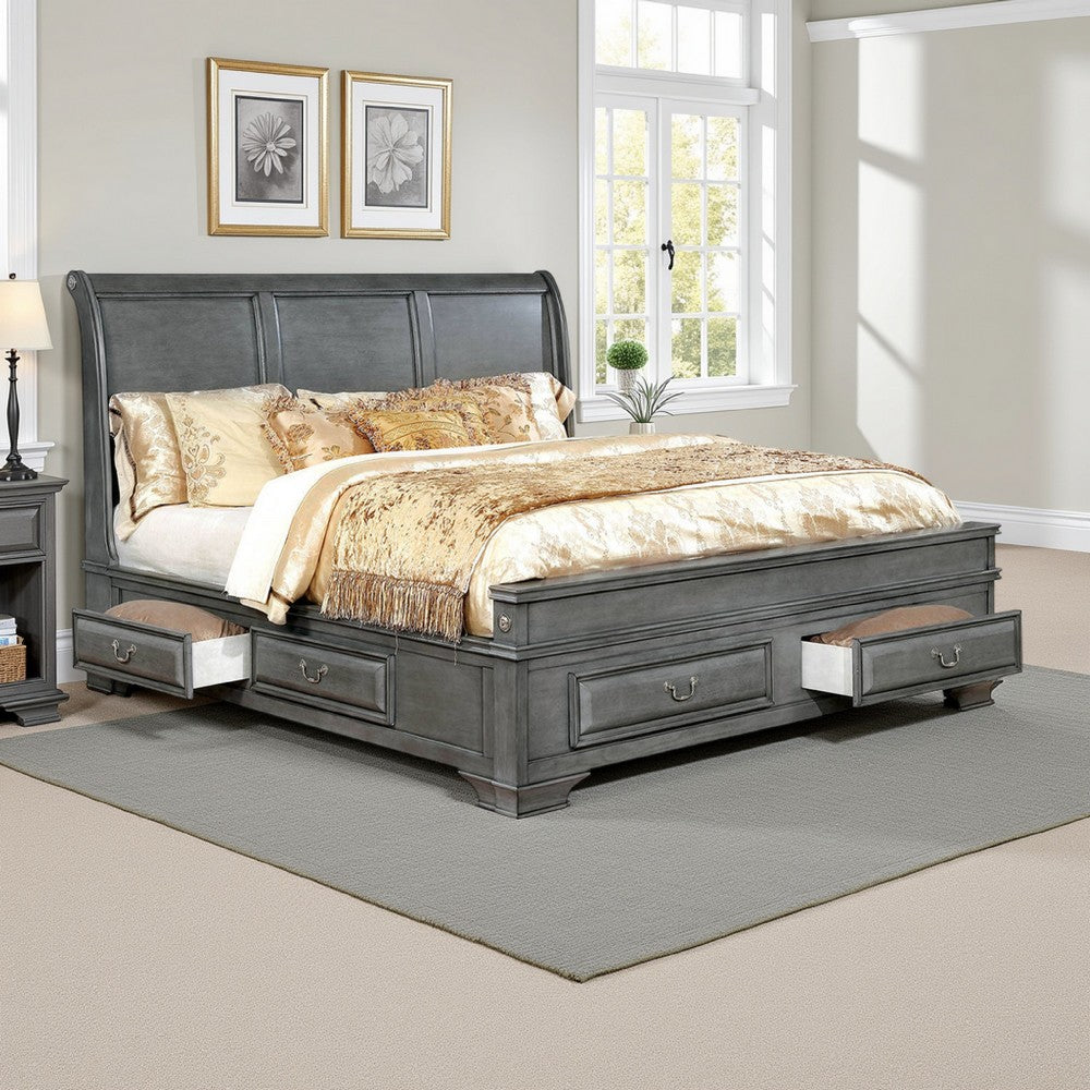Transitional California King Wooden Bed with Multiple Bottom Drawers, Gray - BM216315