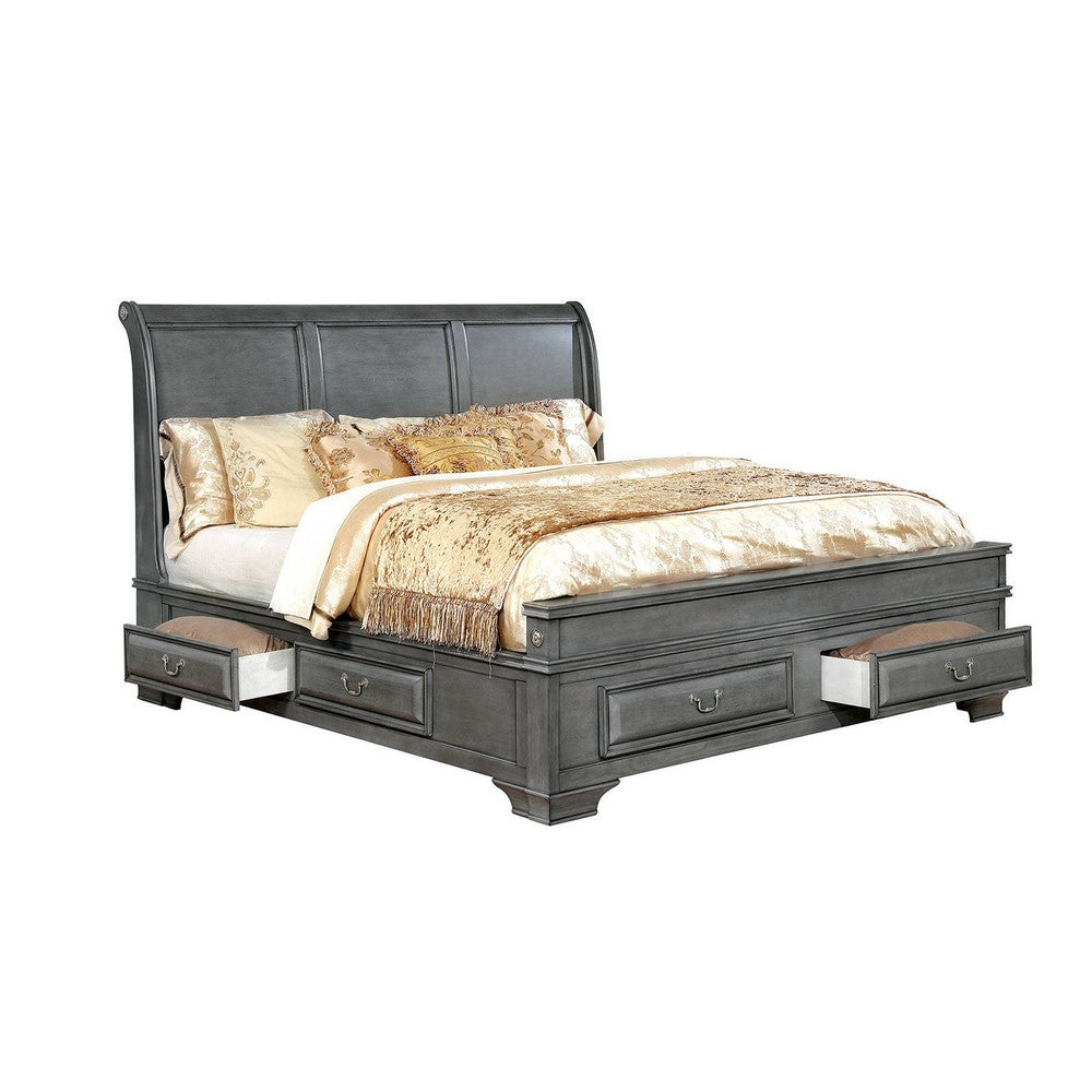 Transitional California King Wooden Bed with Multiple Bottom Drawers, Gray - BM216315