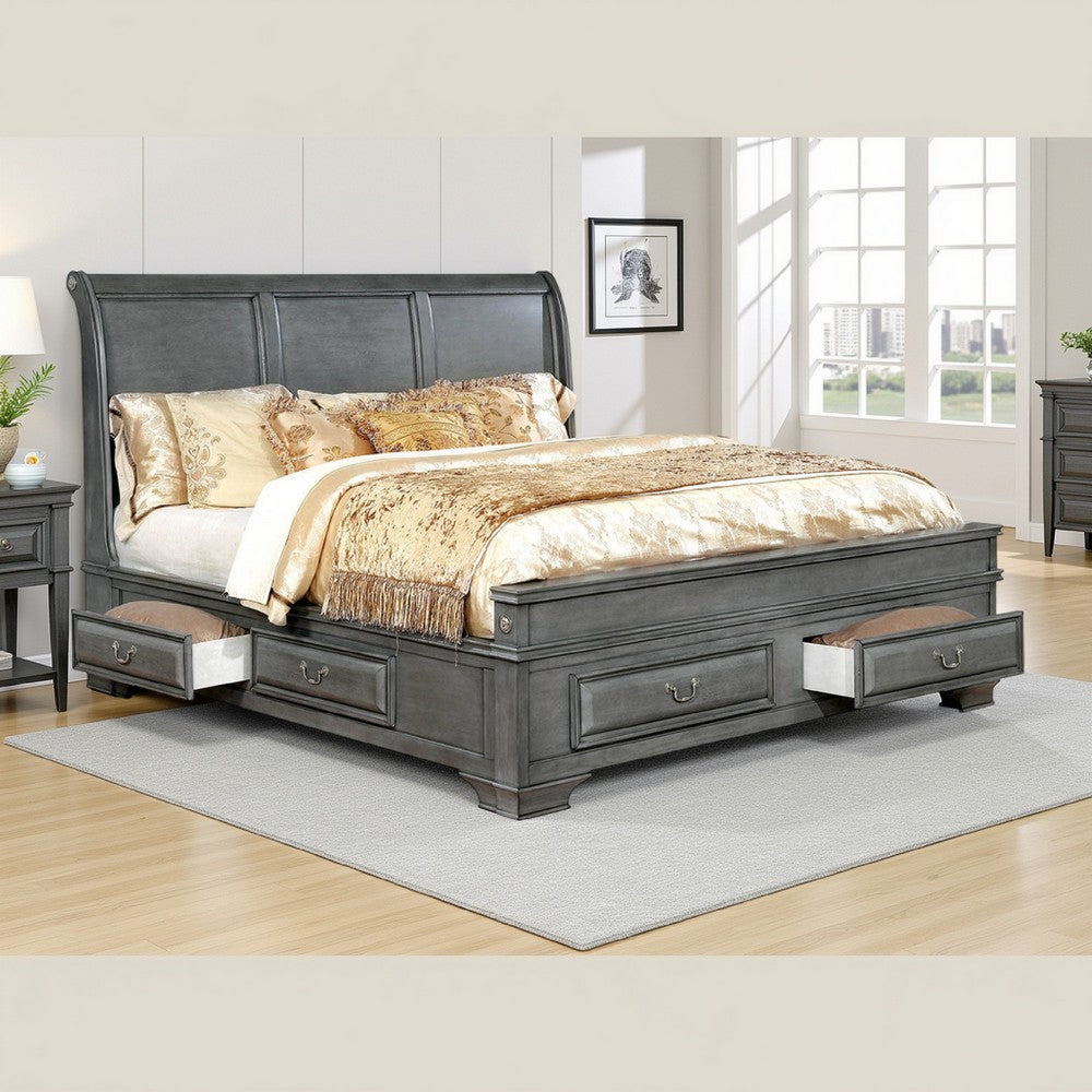 Transitional Eastern King Wooden Bed with Multiple Bottom Drawers, Gray - BM216316