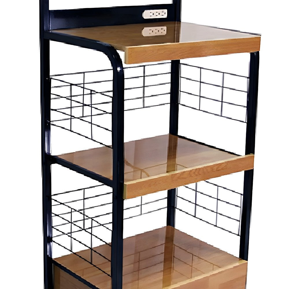 Wood and Metal Frame Microwave Cart with Power Outlet, Black and Brown - BM216721
