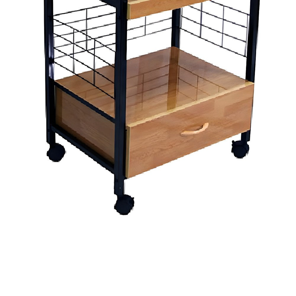 Wood and Metal Frame Microwave Cart with Power Outlet, Black and Brown - BM216721