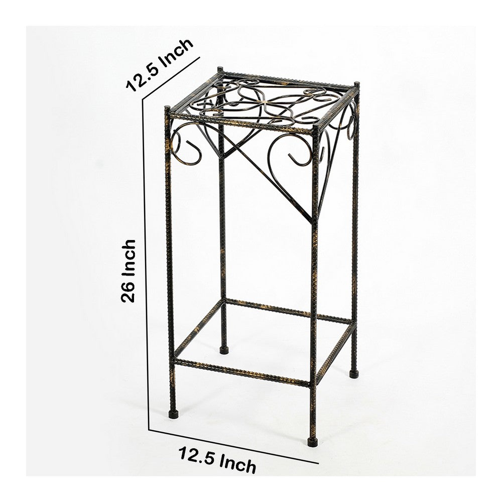 Scrolled Metal Frame Plant Stand with Square Top, Large, Black - BM216725