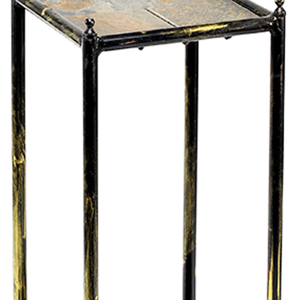 2 Tier Square Stone Top Plant Stand with Metal Frame, Small, Black and Gray - BM216732