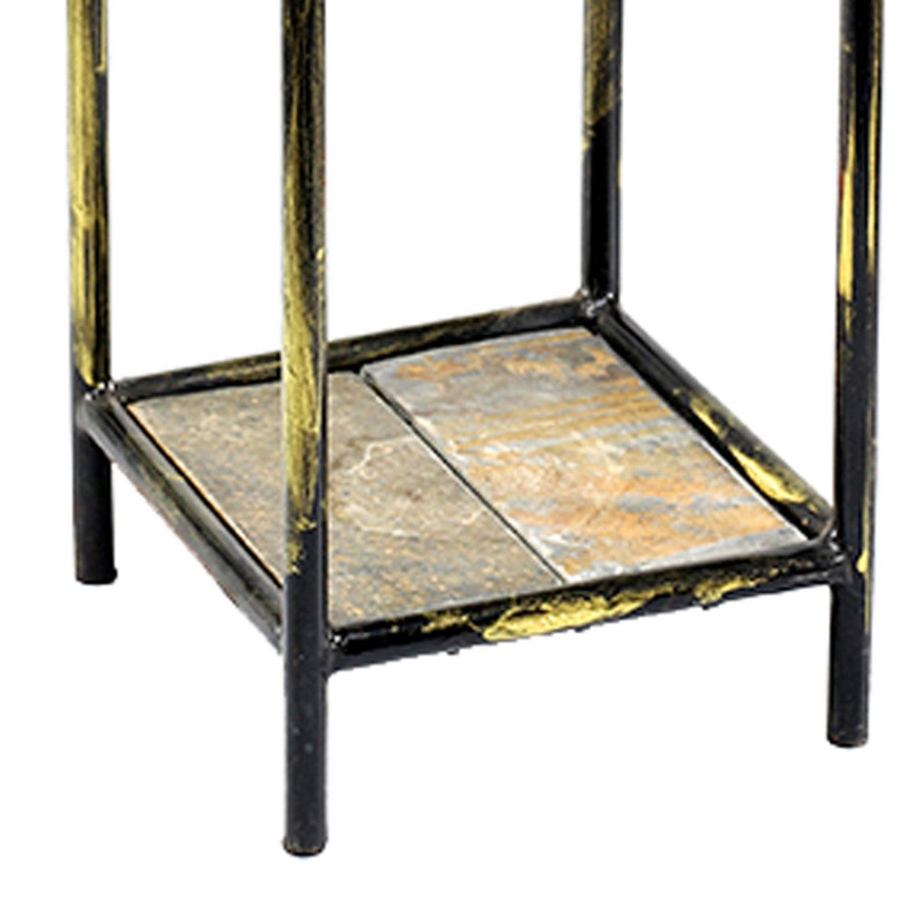 2 Tier Square Stone Top Plant Stand with Metal Frame, Small, Black and Gray - BM216732