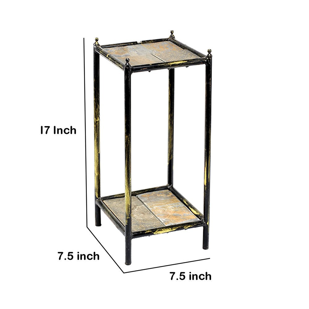 2 Tier Square Stone Top Plant Stand with Metal Frame, Small, Black and Gray - BM216732