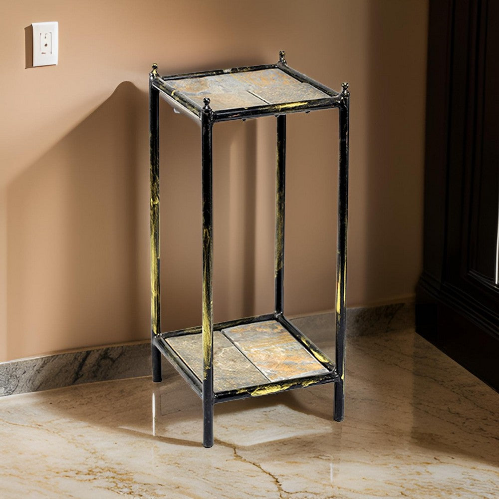 2 Tier Square Stone Top Plant Stand with Metal Frame, Small, Black and Gray - BM216732