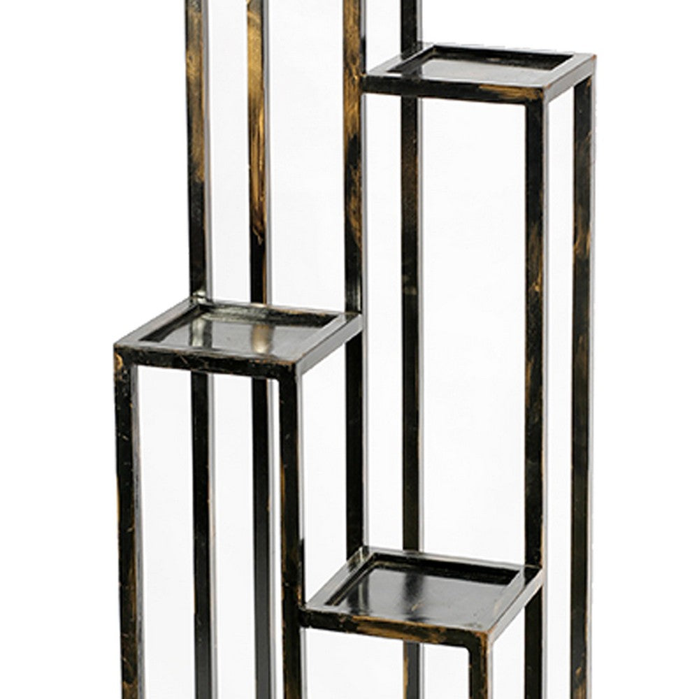 4 Tier Cast Iron Frame Plant Stand with Tubular Legs, Black and Gold - BM216736