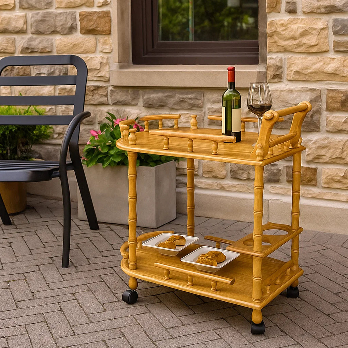 Casters Supported 2 Tier Wooden Wine Table with Turned legs, Oak Brown - BM216807