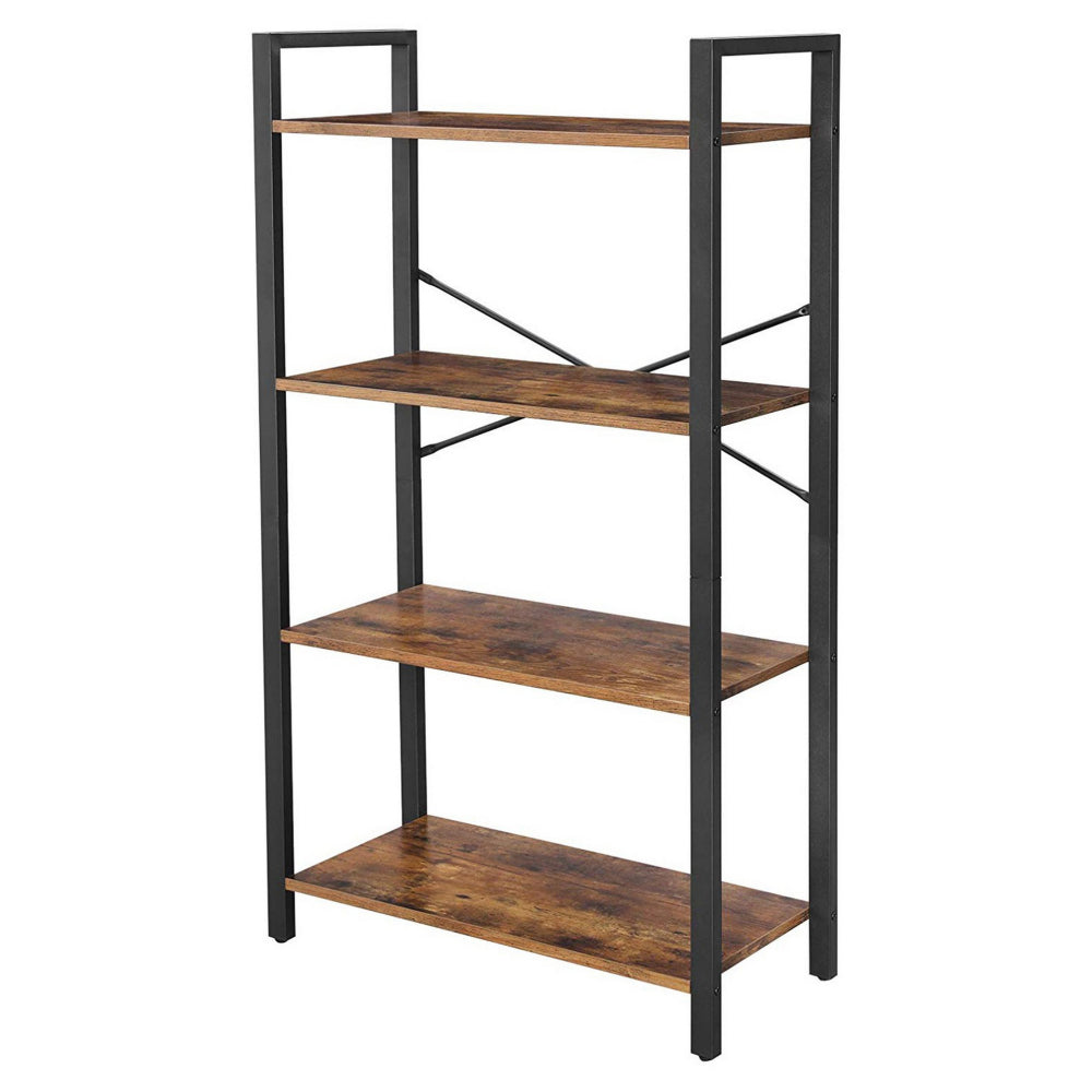 4 Tier Wood and Metal Bookcase with Criss Cross Back, Rustic Brown and Black - BM217079