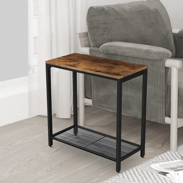 Industrial Wood and Metal Side Table with Open Mesh Shelf, Brown and Black - BM217085