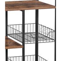 2 Mesh Basket and 6 Hooks Wood and Metal Frame Bakers Rack, Brown and Black - BM217105