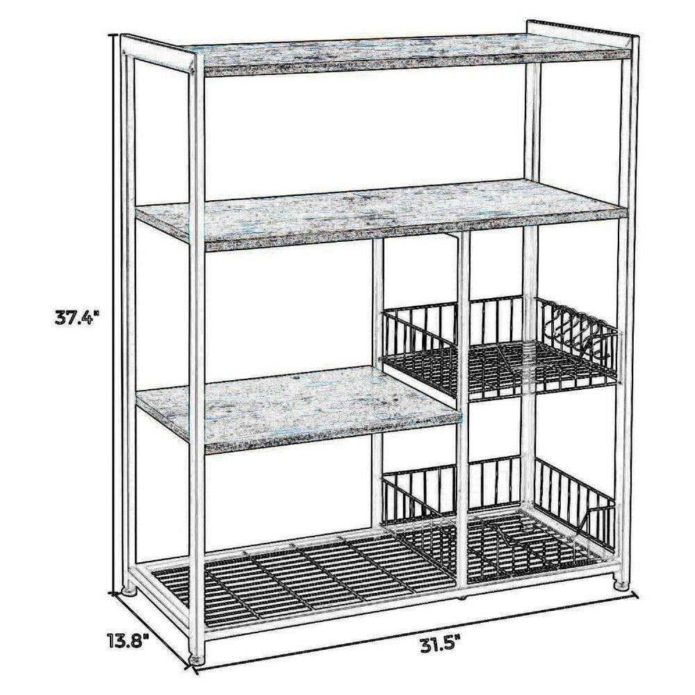2 Mesh Basket and 6 Hooks Wood and Metal Frame Bakers Rack, Brown and Black - BM217105