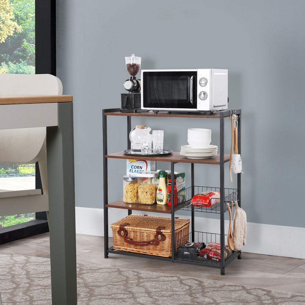 2 Mesh Basket and 6 Hooks Wood and Metal Frame Bakers Rack, Brown and Black - BM217105