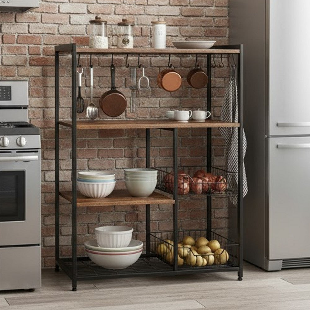 2 Mesh Basket and 6 Hooks Wood and Metal Frame Bakers Rack, Brown and Black - BM217105