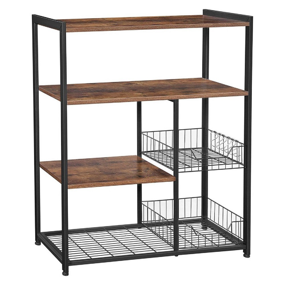 2 Mesh Basket and 6 Hooks Wood and Metal Frame Bakers Rack, Brown and Black - BM217105