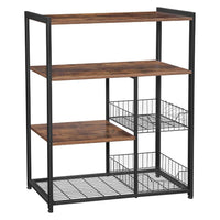 2 Mesh Basket and 6 Hooks Wood and Metal Frame Bakers Rack, Brown and Black - BM217105