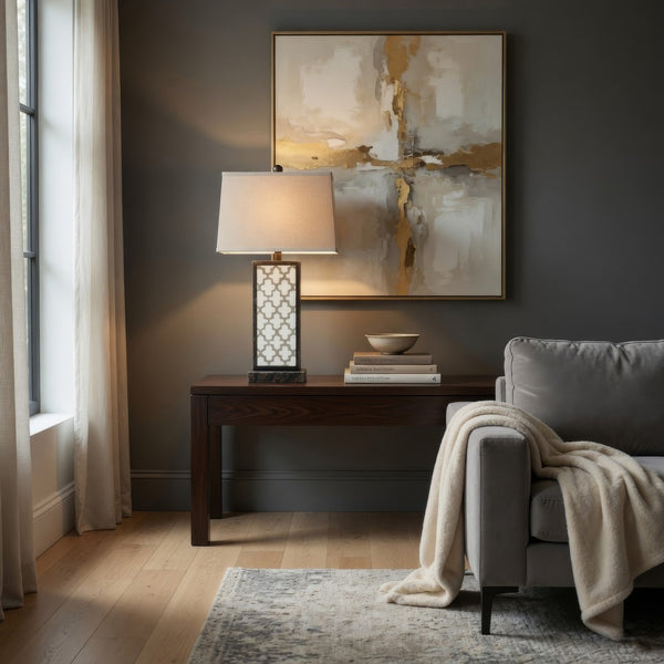 Rock Base Table Lamp with Drum Shade and Quatrefoil Pattern,Brown - BM217232