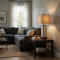 Rock Base Table Lamp with Drum Shade and Quatrefoil Pattern,Brown - BM217232