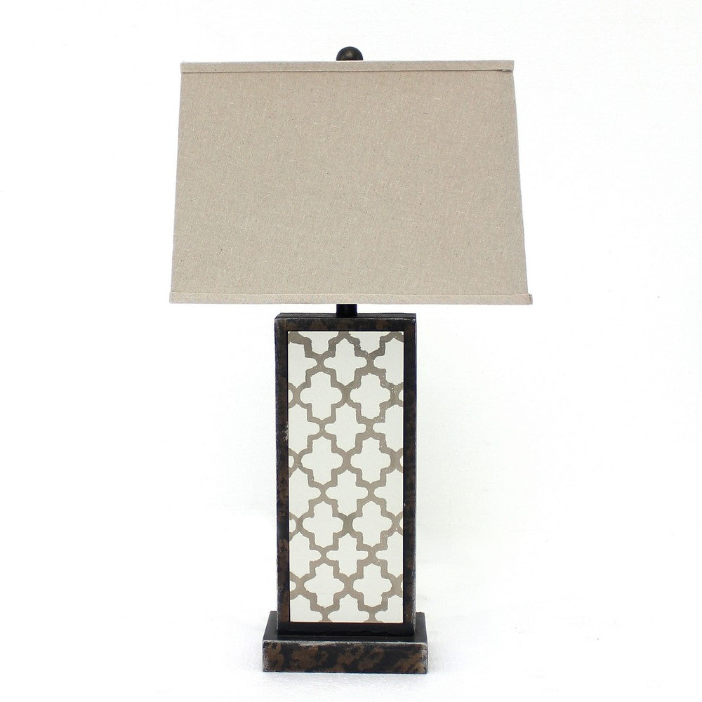 Rock Base Table Lamp with Drum Shade and Quatrefoil Pattern,Brown - BM217232