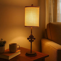 Metal Table Lamp with Cylindrical Drum Shade and Fleur De Lis Accent,Black - BM217234