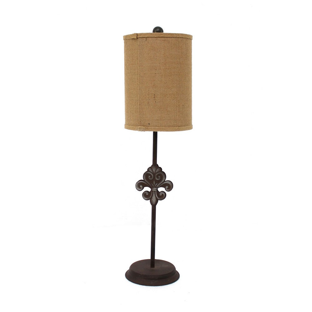 Metal Table Lamp with Cylindrical Drum Shade and Fleur De Lis Accent,Black - BM217234