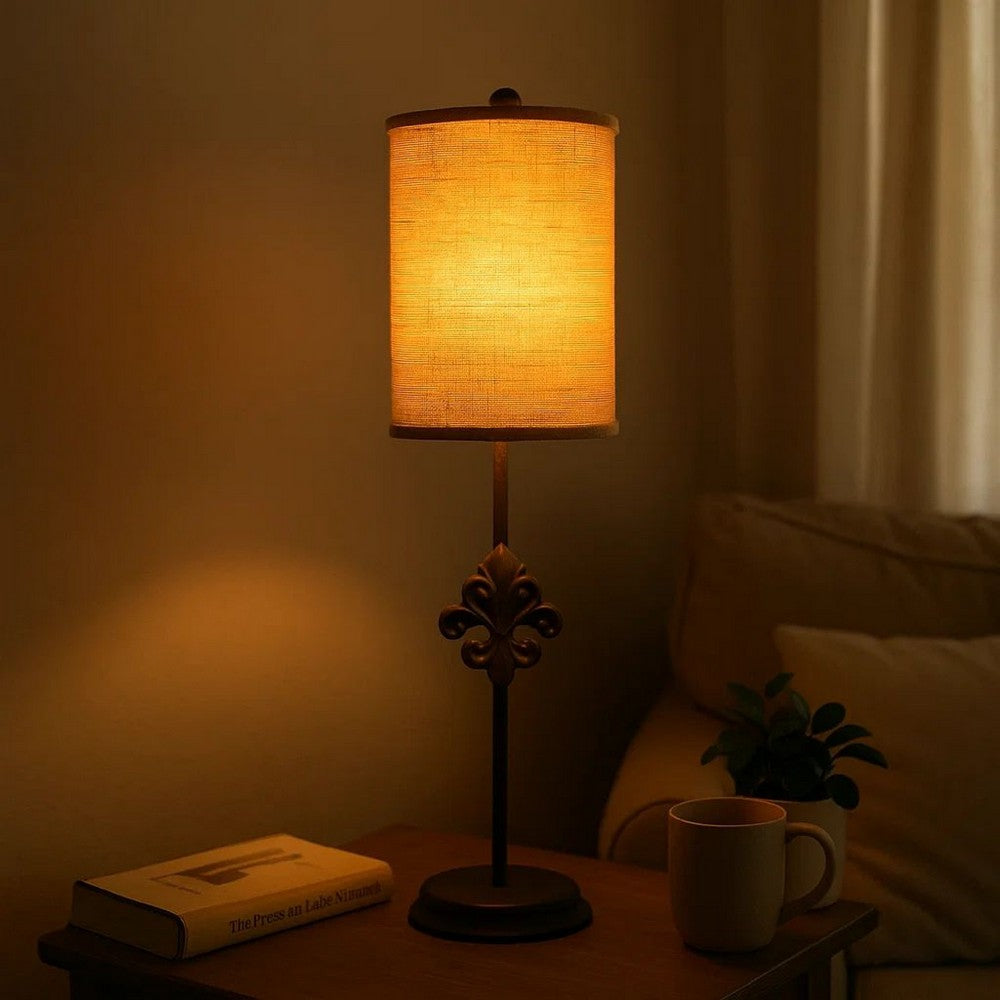 Metal Table Lamp with Cylindrical Drum Shade and Fleur De Lis Accent,Black - BM217234