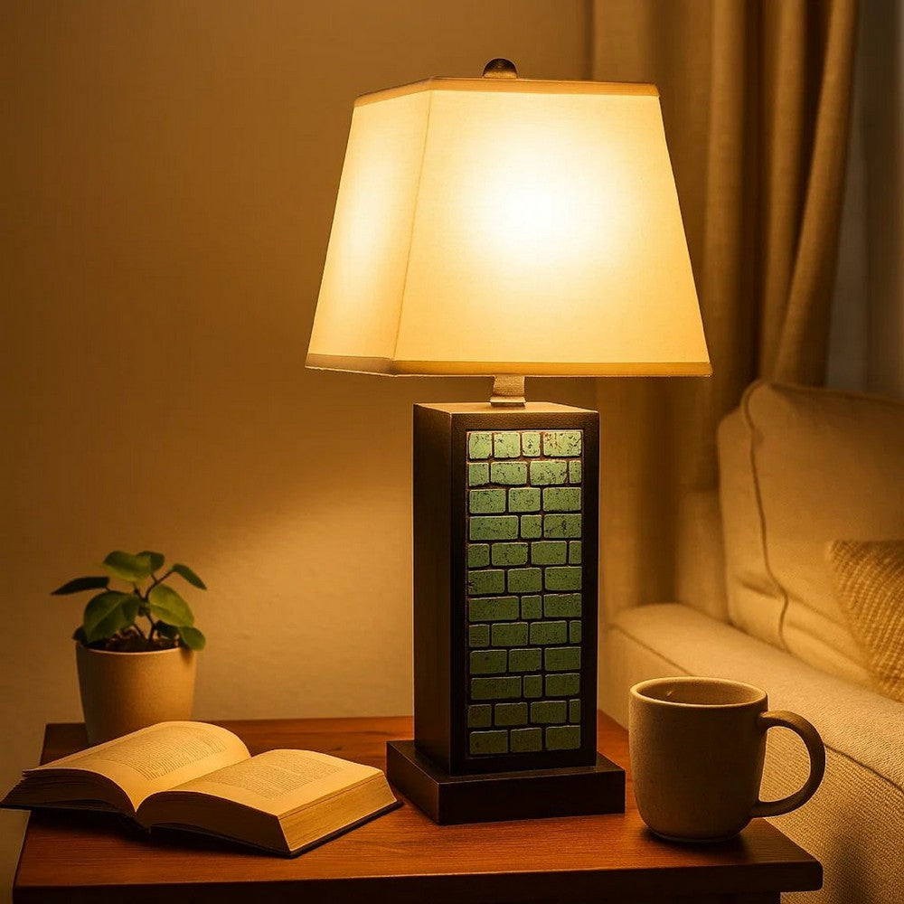 Rectangular Metal Frame Table Lamp with Brick Pattern, White and Blue - BM217238