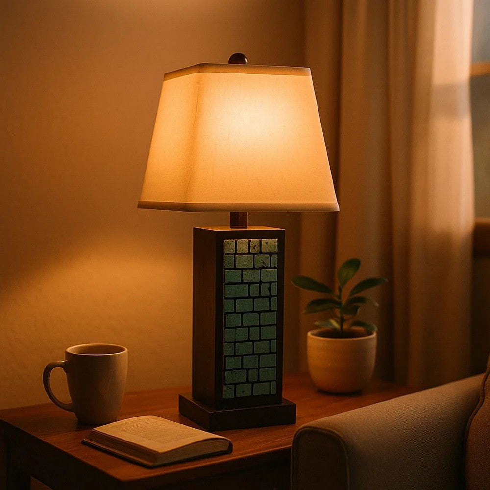 Rectangular Metal Frame Table Lamp with Brick Pattern, White and Blue - BM217238