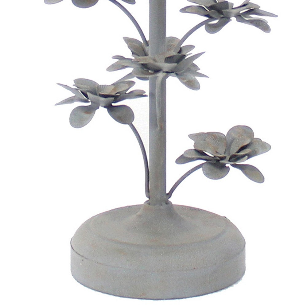 Flower Tree Design Metal Table Lamp with Tapered Drum Shade, Gray and Beige - BM217241